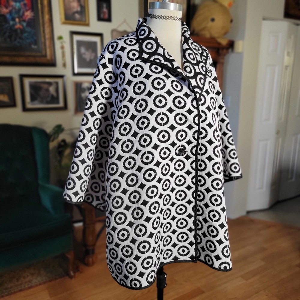 Jerry T Mod‎ Swing Coat New York Geometric Black White Circle Print Jacket XL